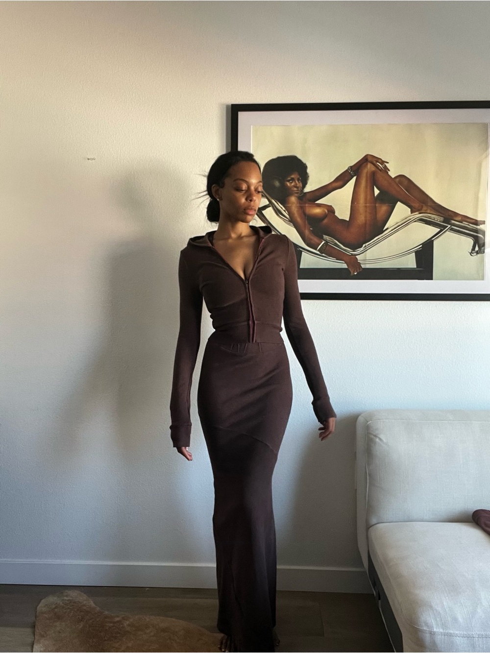 Brown vintage wash High-Waist Maxi Skirt + Hoodie Set